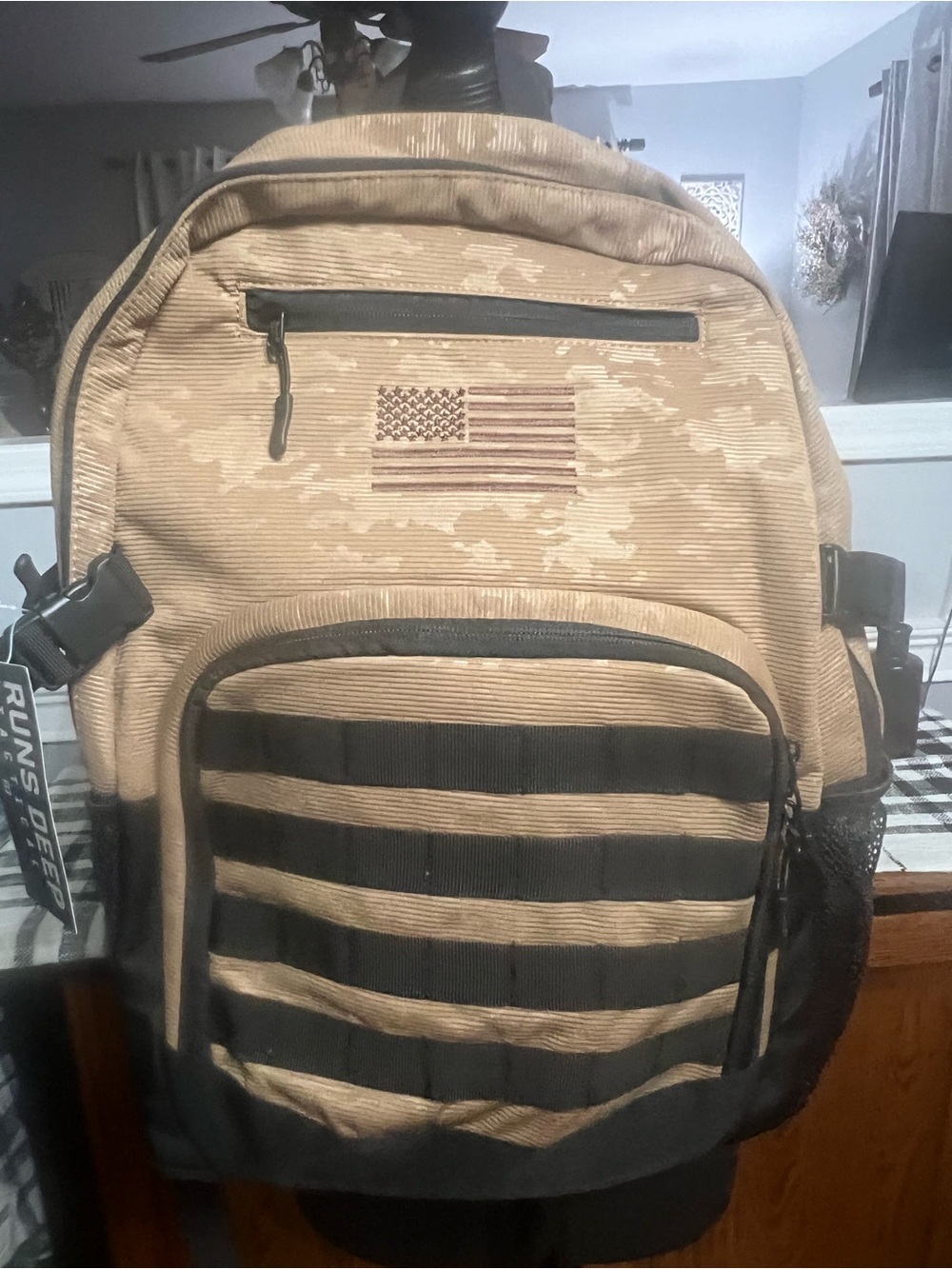 Tactical Tan & Black Men's Backpack with American Flag Accent NWT Unisex